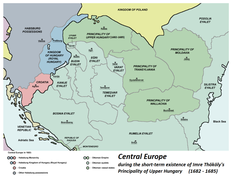 Stredná Európa v roku 1683 so systémom vazalských štátikov Osmanskej ríše a území pripojených ako provincie Osmanskej ríše. Medzi vazalské štáty patrilo Valašsko, Moldavsko a Sedmohradsko, počas troch mesiacov aj kniežatstvo Horného Uhorska I. Tököliho, ktorý požiadal Turkov o vojenskú intervenciu voči slovenským mestám. Turci pomohli Tökölimu dobyť Košice, Fiľakovo a banské mestá a prenikli aj na Považie. Dobyli a vyplienili Trnavu. Na mapke vidieť aj podrobené slovenské územie, tzv. novozámocký "eyalet"-okres (Uyvar eyalet).